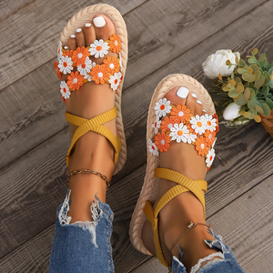 Sandalias Espadrilles con Cordones y Decoración de Margaritas Amarillas, Diseño Cruzado, Tacón Plano, Calzado Casual para Exteriores, Tendencia de Moda, Venta al Por Mayor, Nueva Llegada - Product Image 5