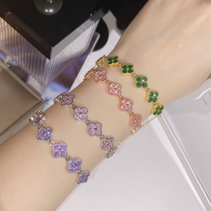 <span class=keywords><strong>Versa</strong></span> Fleur de Cerisier Nouveau Trèfle à Quatre Feuilles Couleur Trésor Zircon <span class=keywords><strong>Bracelet</strong></span> à Breloques Argent Sterling Plaqué Or Micro-incrustation Fort - Product Image 1