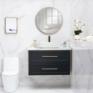 Modern minimalist <b>floating</b> bathroom vanity white sink and round mirror hanging cabinet - Product Image 1