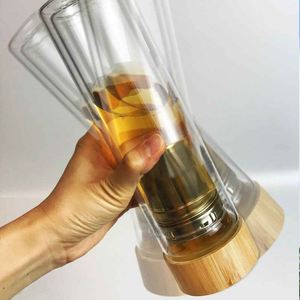 Vaso de vidrio de doble pared con tapa de madera e infusor para viajes, diseño minimalista para adultos, tapa de rosca. - Product Image 4