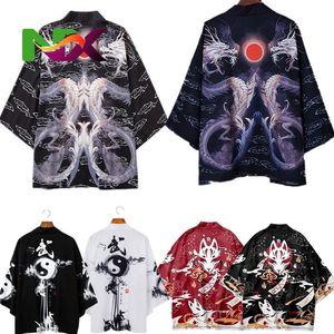 Kimono de mode japonaise Harajuku 2024, blanc et noir, cardigan pour hommes et femmes, chemisier Haori Obi, vêtements asiatiques, samouraï - Product Image 2