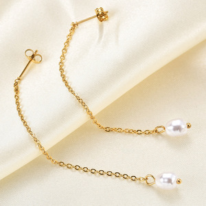 Pendientes de Cadena con Borla Larga y Colgante de Perla, Aretes de Acero Inoxidable con Cadena de Oro de 18K para Uso Diario - Product Image 3