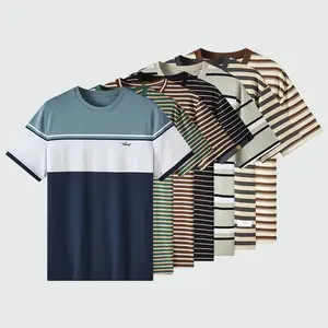 2024 Men's Large Size New Summer Fashion Casual Stripe Short Sleeved Top Round Neck T-Shirt
