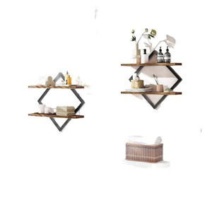 Wooden <b>Wall</b> <b>Mounted</b> <b>Shelf</b> Geometric Shape 2 Tier For Living Room Storage Rack - Product Image 1