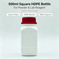 Bouteille carrée en HDPE de 500 ml, conteneur vide pour poudre, réactif de laboratoire, stockage d'échantillons solides, couleur personnalisée, logo personnalisé