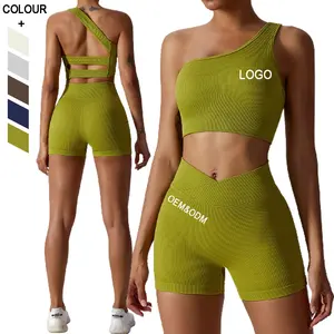 Activewear Wholesale V Cut Shorts Ribbed Yoga Set One Shoulder Sports Bra Women Workout Short Set