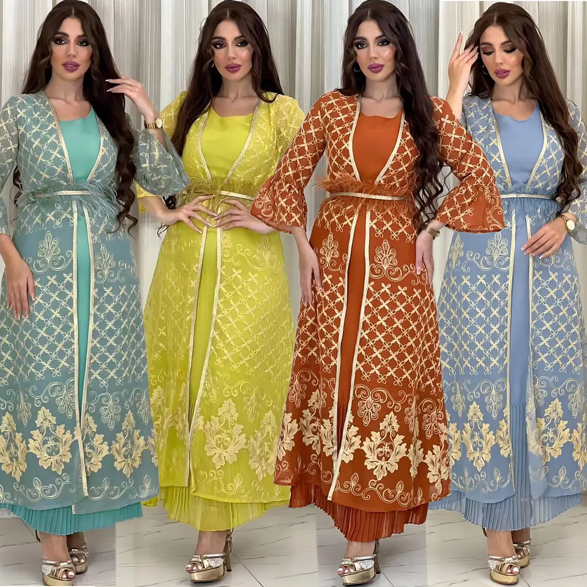 Eid Ramadan Traditionele Moslim Winter Vrouwen Arab Abaya Dubai Moslim Wijd Uitlopende Mouwen Casual Maxi Avondjurk Tweedelige Abaya Set