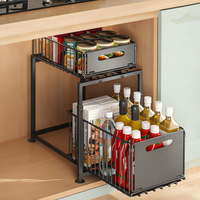 Étagère de rangement coulissante à 2 niveaux en métal pour évier, réglable en hauteur, pour épices de cuisine, avec tiroir, montage facile, vente en gros