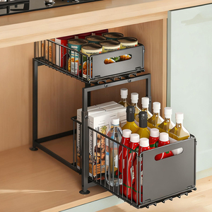 Étagère de rangement coulissante à 2 niveaux en métal pour évier, réglable en hauteur, pour épices de cuisine, avec <span class=keywords><strong>tiroir</strong></span>, montage facile, vente en gros - Product Image 4