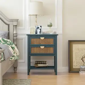 Side Sofa Wood End Table Bedside Table Accent Rattan Drawers Nightstand For Living Room