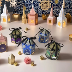 Kotak Permen Ramanda Kareem Kotak Hadiah Idul Fitri Kotak Hadiah Masjid Bintang Bulan Lentera Kotak Suvenir Pesta Idul Fitri dengan Pita - Product Image 6