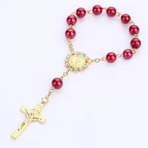 Hot Glass Pearl Alloy Gold-Plated Rhinestone Catholic Rosary Beads Crucifix Rosary Bracelet