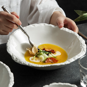White Ceramic Restaurant Bowls Stone Pattern Porcelain for Pasta Salad Soup Dessert Irregular Shape for Noodles - Product Image 1