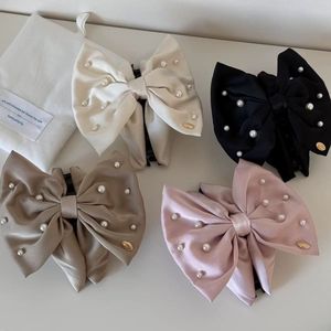 Fashion Elegant Plastic Satin <b>Bow</b> with Pearl Hair Claw Clips 10cm Unisex for Daily Use High-quality Hair Accessories - Product Image 1