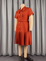 ADR060447 Robe plissée à manches courtes avec nœud et détails boutonnés, tenue de bureau pour femme
