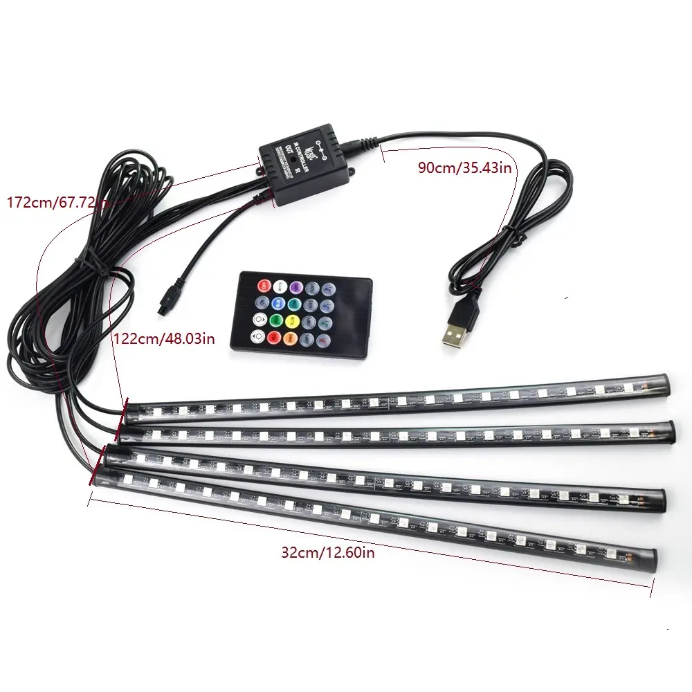 12LED 4 Uds luz decorativa Interior de coche Universal RGB tira de luz LED lámpara de ambiente Kit lámpara de pie con control remoto de 20 teclas