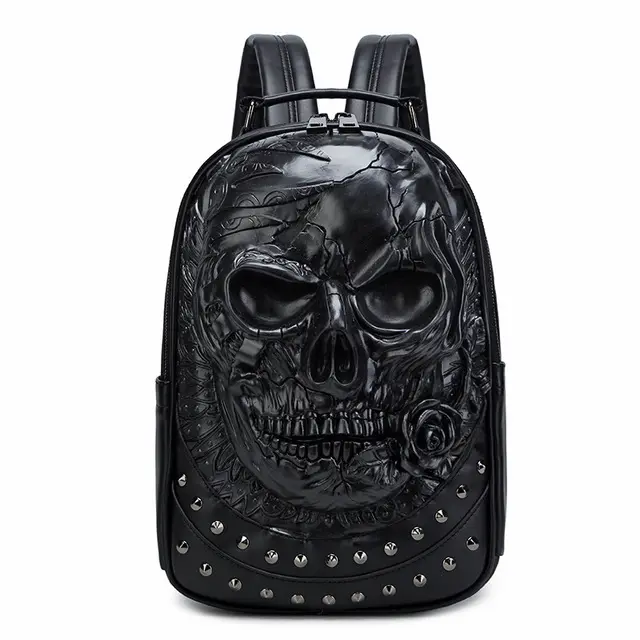 Mens Laptop Computer Knapsack Pu leather Punk rivets skull pattern School Bag 3D Embossed Creative personality Backpack