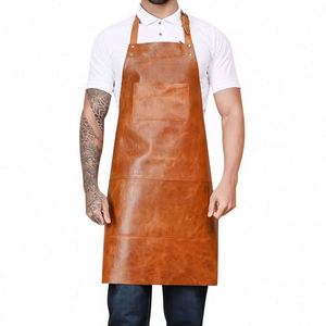Delantal de trabajo de barista Crazy Horse de cuero de microfibra amarillo-marrón de doble capa, con banda para el cuello y diseño cruzado, logotipo transfronterizo - Product Image 1