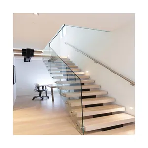 China supplier stairs Floating Straight Internal stairs with wood and glass treads