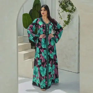 Venda quente roupas muçulmanas mulheres islâmicas Turquia Dubai abaya vestido flor impressão diamantes plus size vestidos femininos