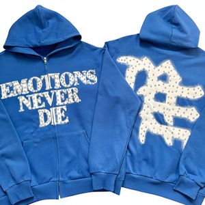 Sweat à capuche zippé surdimensionné en coton French Terry avec strass cloutés, broderie de lettres effet usé, style streetwear, impression de logo personnalisée - Product Image 1
