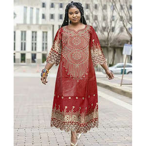 H & D Vêtements traditionnels nigérians Robes africaines pour femmes Broderie élégante <span class=keywords><strong>Bazin</strong></span> Maxi Robes <span class=keywords><strong>Boubou</strong></span> avec Turban pour mariage - Product Image 3