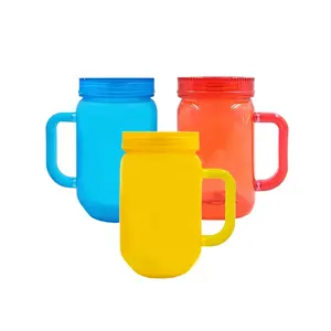 Grosir Kustom Logo Plastik Minuman Mason Jar Bpa Gratis dengan Jerami dan Menangani