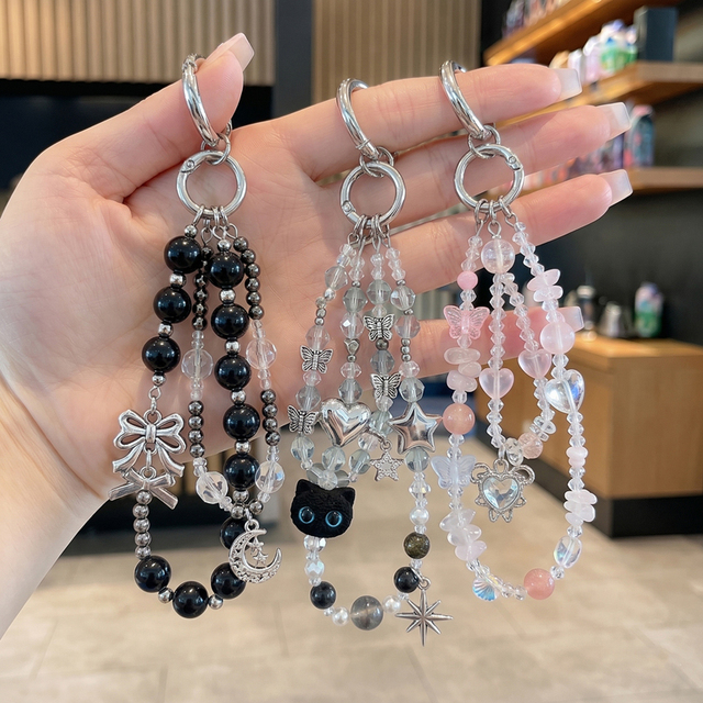 Y2K Red Black Clear Crystal Star Cat Heart Beaded Phone Chain Wrist Lanyard 2 in 1 Keychain Bag Charm for Girls Women
