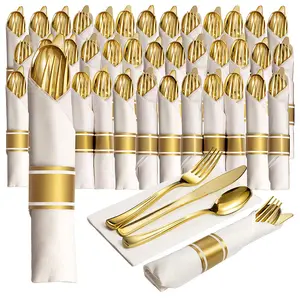 Forniture per feste Set di posate usa e getta in plastica dorata con tovaglioli arrotolati coltello da sposa avvolto singolarmente forchetta cucchiaio