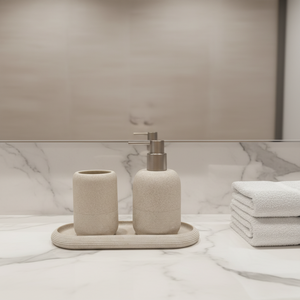 Distributeur de <span class=keywords><strong>savon</strong></span> moderne et écologique en trois pièces en polyrésine, accessoires de décoration en résine pour salle de bain avec plateau, <span class=keywords><strong>porte</strong></span>-brosse à dents - Product Image 1