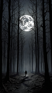 Tableau mural sur toile Forêt Nordique Noir et Blanc - Peinture minimaliste de paysage au clair de lune avec silhouette de voyageur isolé - Product Image 2