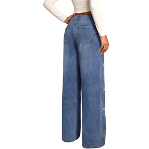 Jeans à jambes larges pour femmes ornés de strass - Pantalons décontractés en denim scintillant, tendance - Product Image 5