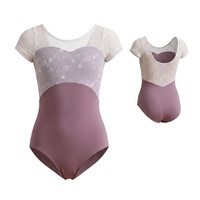 A102 Grosir Pabrik Langsung Leotard Balet Anak Lengan Pendek Berbahan Jaring Renda Putih Kerah Bulat Pakaian Tari Kustom untuk Studio