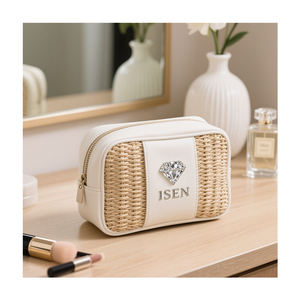 Bolsa de Maquillaje de Felpa con Tejido de Paja <span class=keywords><strong>ISEN</strong></span> para Mujer, Bolsa de Cosméticos de Viaje, Organizador de Artículos de Tocador, Logotipo Personalizado, Servicio ODM OEM - Product Image 3