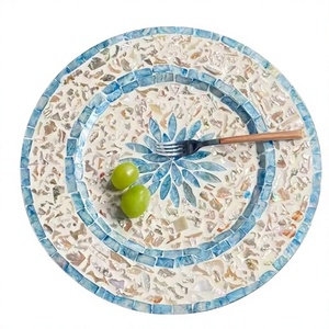 Assiette décorative en mosaïque de coquillages écologiques, incrustation de coquillages naturels MOP, assiettes de présentation en bois pour la restauration fine, table d'hôtel, style bohème - Product Image 1