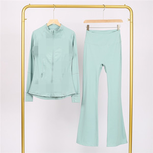 Tập Thể Dục Thiết Lập Phụ Nữ Yoga Bộ Zip up Áo Khoác Cao Eo Đàn Hồi Flared Quần Thể Thao - Product Image 4