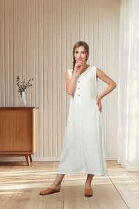 Robe longue d'été en lin et coton coupe droite pour femme, col en V, manches courtes, silhouette trapèze, écologique, respirante, OEM ODM, personnalisable - Product Image 1