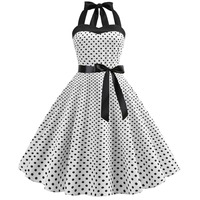 Gaun Halter Polkadot Retro 2026 Gaya Elegan Vintage Midi Bahan Sifon untuk Musim Panas