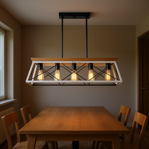 Lustre suspendu industriel moderne 32 pouces à 5 lumières en fer et bois noir et blanc, réglable, pour salle à manger - Product Image 2