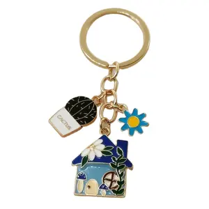 Cartoon Enamel Cactus Sun Flower House Keychain Flower Leaf Home Keychain Women Men's Car Key DIY Handmade Jewelry Gift