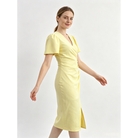 Robe portefeuille jaune unie tissée à manches courtes, longueur midi, col en V, froncée, avec fente latérale, taille naturelle, lavable, mode femme printemps-été