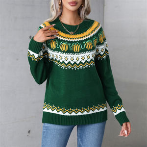 Pull en maille acrylique tricoté à la machine pour <span class=keywords><strong>femme</strong></span>, <span class=keywords><strong>col</strong></span> rond, motif Fair Isle citrouille, décontracté, pour le quotidien et les fêtes d'automne, personnalisable - Product Image 6