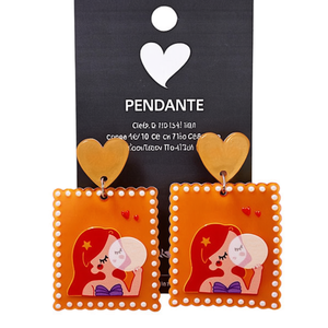 Orecchini Dipinti PENDIENTE Design Quadrato Arancione con Ciondolo a Cuore Gioielli alla Moda 12 Pezzi - Product Image 1