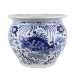 Pot tanaman tanah liat dalam ruangan dicat tangan biru dan putih Pot kolam ikan keramik Pot bunga Dekoratif retro lukisan tangan di Jingdezhen