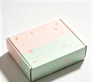 Boîte cadeau rigide rose menthe avec motif étoiles, cœurs et fleurs, rectangulaire, en papier écologique, impression quadricolore, emballage artisanal - Product Image 3