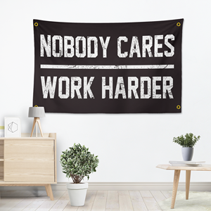 ธง "<span class=keywords><strong>Nobody</strong></span> Cares Work Harder" ขนาด 3x5 ฟุต พร้อมห่วงทองเหลือง 4 จุด ธงสร้างแรงบันดาลใจสำหรับตกแต่งผนังห้องออกกำลังกาย สำนักงาน ห้องชาย ห้องนอน ห้องนั่งเล่น - Product Image 1