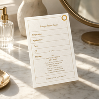 Cartes d'instructions d'utilisation personnalisées imprimées en couleur crème avec bordure dorée et étapes d'entretien pour les marques de produits pour les ongles et de beauté