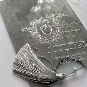 Tarjeta de Invitación de Boda de Acrílico de Lujo, Bolsa de Terciopelo con Borla, Grabado Personalizado, Estampado Dorado, Serigrafía, Transparente Esmerilado - Product Image 4