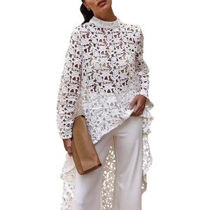 FOXA Women's Long Sleeve Round Neck <b>Asymmetrical</b> <b>Hem</b> Casual Blouse <b>Top</b> Loose Woven Translucent Dress - Product Image 1