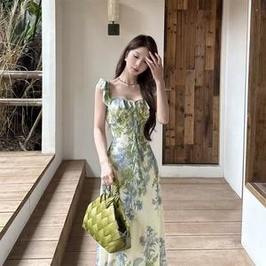 Beyouare 2026 New Monet Green Garden Dress Empire Waist Square Collar Floral Print Long Casual Dress For Travel Leisure - Product Image 5